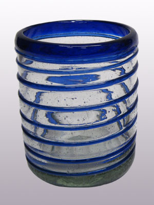 Vasos de Vidrio Soplado / Juego de 6 vasos chicos con espiral azul cobalto / Éste festivo juego de vasos es ideal para tomar leche con galletas o beber limonada en un día caluroso.